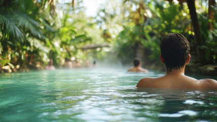 Tourists enjoying the warm, turquoise water of natural hot springs, surrounded by lush tropical vegetation, creating a tranquil and relaxing atmosphere