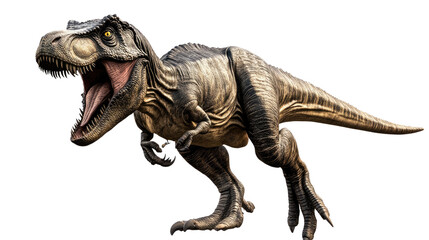 Fototapeta premium Tyrannosaurus Rex Roars: A fierce Tyrannosaurus Rex dinosaur with sharp teeth and powerful claws roars in a dramatic pose, its formidable presence commanding attention.
