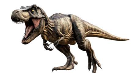Tyrannosaurus Rex Roars: A fierce Tyrannosaurus Rex dinosaur with sharp teeth and powerful claws roars in a dramatic pose, its formidable presence commanding attention.