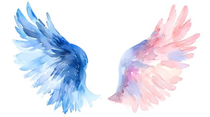 Obraz premium Watercolor Blue and pink angel wings Painting on white background, Holy spirit, Card, Invitation, Angelic, Church, Christian Art, Spiritual HD Wall art print