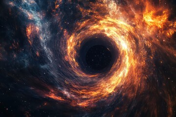 A black hole distorting the space around it, bending light and matter into a swirling vortex of darkness, with distant stars warping as they approach the event horizon