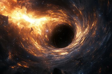 A black hole distorting the space around it, bending light and matter into a swirling vortex of darkness, with distant stars warping as they approach the event horizon