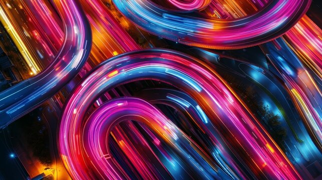 Aerial perspective of interlocking neon circuits  the pulse of a digital landscape unveiled