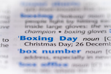 Boxing Day word in a dictionary. Selective focus, close up.