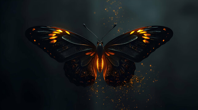 A beautiful black butterfly with glitter spots shining in the night.