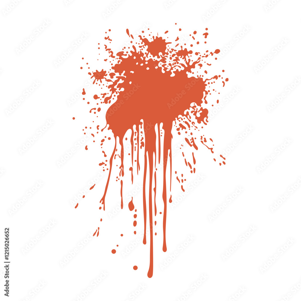 Poster Grunge red blood splatter in flat design. Splashing blot with flowing drips. Vector illustration isolated.