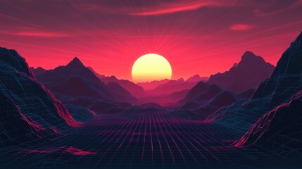 Futuristic grid landscape with neon mountains. Retro-style digital design featuring a glowing sunset and abstract terrain. Perfect for synthwave and 80s-inspired projects.