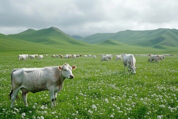 Fototapeta premium White cows are grazing peacefully in a vibrant green meadow filled with white flowers, with rolling hills and a cloudy sky in the background