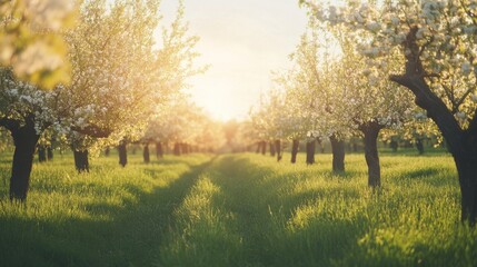 Fototapeta premium A tranquil orchard with rows of fruit trees in bloom under soft morning sunlight, Orchard scene, Serene and pastoral style