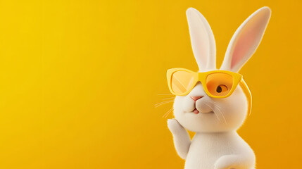 Obraz premium Cute, happy, smiling rabbit wearing pink sunglasses against a yellow background