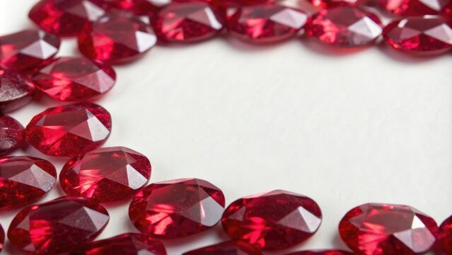 Close-up of ruby crystals arranged in a pattern on a white surface, design, crystal, ruby crystal, gemstone, arrangement