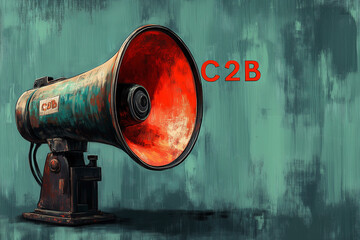 "C2B" written above an abstract megaphone, symbolizing consumer voices influencing businesses, on a sleek grayish-green canvas. Bright lighting, contrast