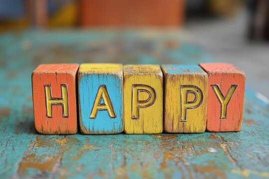 Colorful wooden alphabet blocks spelling the word happy on a rustic wooden surface