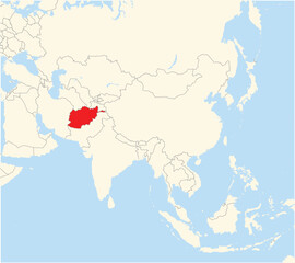 Location Map of the country Afghanistan in Asia. The country is highlighted with a red polygon. No labels at all.
