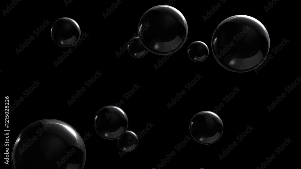 Poster 4k seamless loop of 3d animation of shiny black spheres slowly moving on a black background.