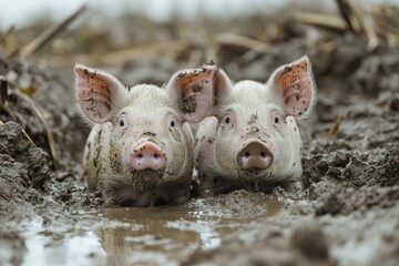 Two young pigs are cooling off in a muddy puddle on a farm