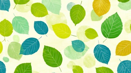 Whimsical Green Yellow Blue Leaves Seamless Pattern Background