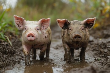 Two young pigs are walking in a mud puddle on a farm