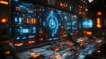 Fototapeta premium Futuristic spaceship control panel with glowing interfaces.