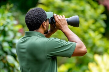 Person observes wildlife with binoculars in a lush green environment during daytime