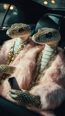 Naklejka premium Fashionable reptiles in luxury car urban nightlife high-quality photography stylish environment close-up perspective