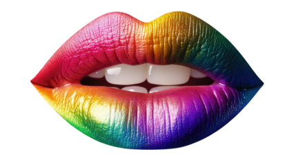 Rainbow Lips: A close-up shot of vibrant, rainbow-colored lips, showcasing a spectrum of iridescent hues and a playful, slightly parted smile. The image is bold, captivating.
