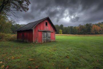 Obraz premium Old red barn standing in a green field with a stormy sky and autumn trees in the background