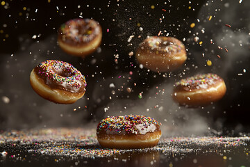 A dynamic composition of flying doughnuts with colorful sprinkles, creating an artistic and visually appealing scene