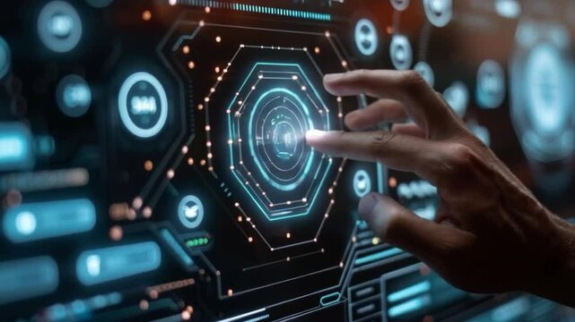 Video with futuristic human touch interface. This futuristic background is suitable for presentations, technology advertising and scientific projects.
