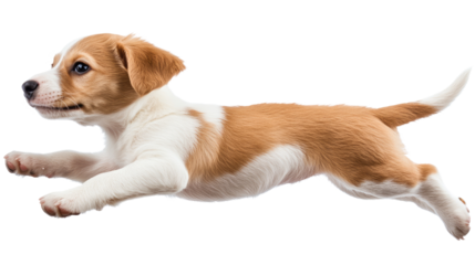 Joyful Puppy Leaping:  A charming puppy, with its playful spirit radiating, leaps mid-air, capturing the boundless energy and exuberance of youth.