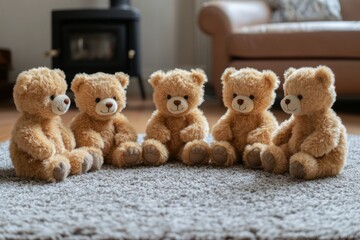 Fototapeta premium Five adorable bears sitting together on a soft carpet in a cozy living room, creating a heartwarming scene