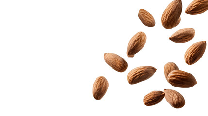 Almonds in Motion: A cluster of whole almonds falls gracefully through the air, showcasing their rich brown color and irregular shapes against a crisp, clean backdrop.