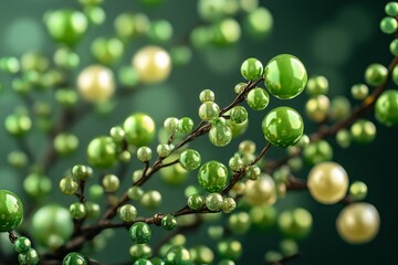 Fototapeta premium Close-up of decorative green and pearl beads hanging on a branch, evoking a festive and celebratory ambiance