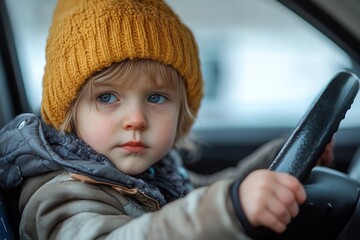 Portrait of a serious child holding the steering wheel of a car