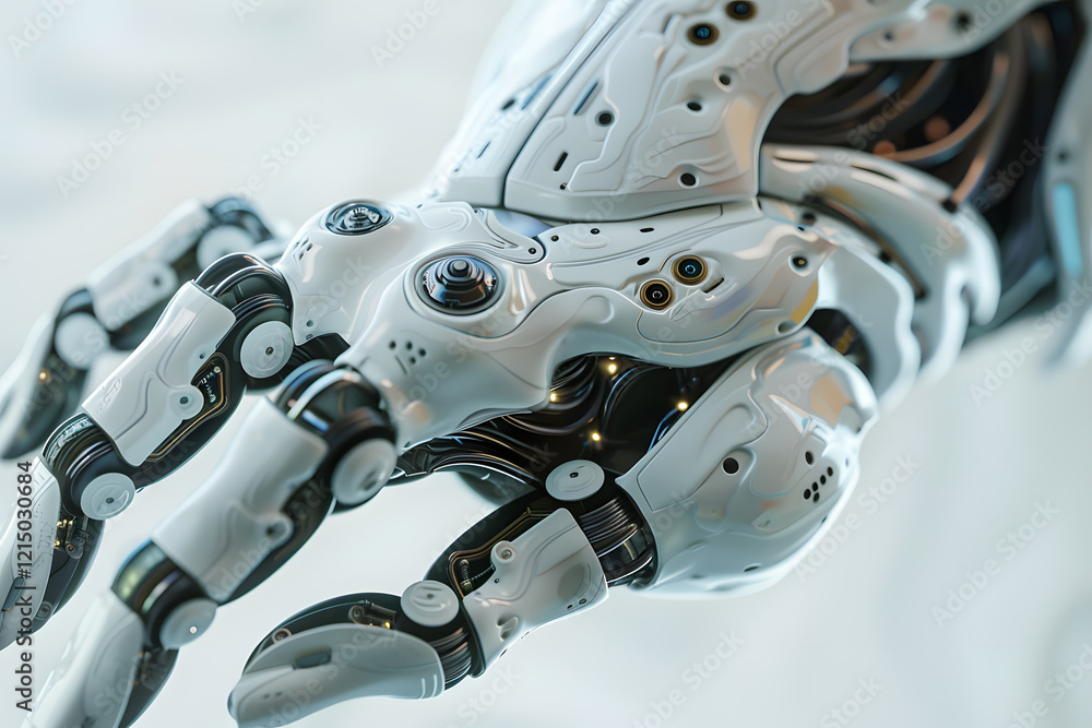 Poster high-detail close-up of a futuristic robotic arm with intricate design