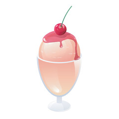 Ice cream in flat design. Frozen dessert with cherry topping in glass bowl. Vector illustration isolated.