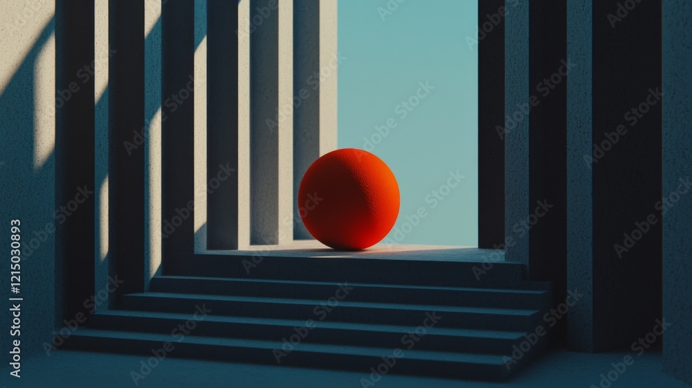 Poster abstract design featuring a red sphere in a geometric setting with shadows and light at midday