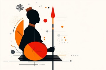 A minimalist flat design of a Zulu warrior holding a shield and spear, drawn in bold geometric shapes and earthy tones
