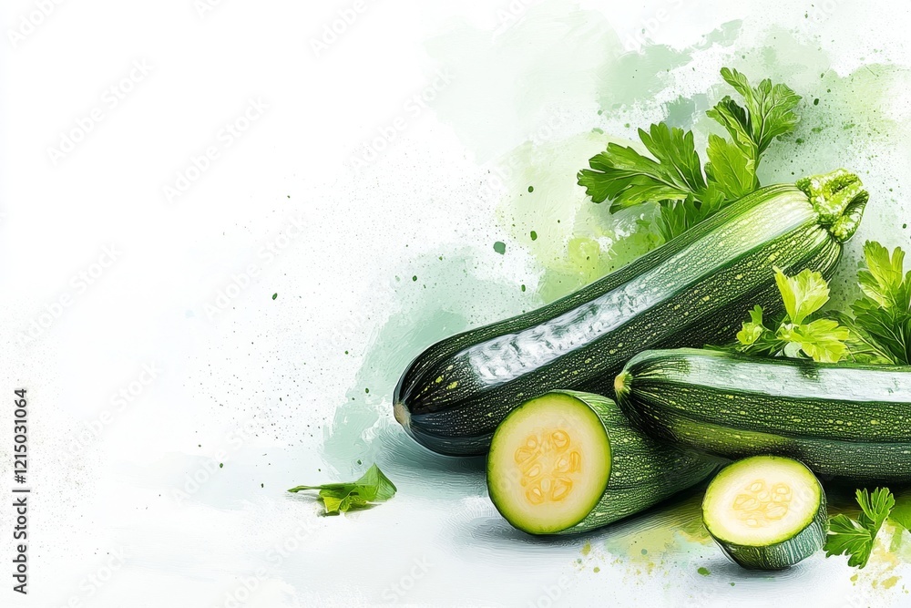 Poster a minimalist illustration of a single zucchini with clean black lines and a soft green gradient, pla