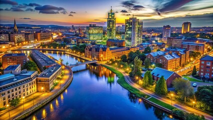 Leeds City Centre Night Aerial View: River Aire, Bridgewater Place & Train Station
