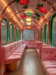Fototapeta premium Whimsical strawberry-themed train interior enchanted forest decorative design cozy atmosphere artistic view unique concept