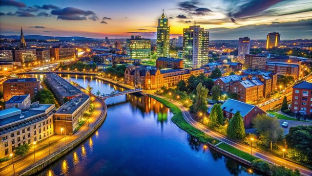 Leeds City Centre Night Aerial View: River Aire, Bridgewater Place & Train Station