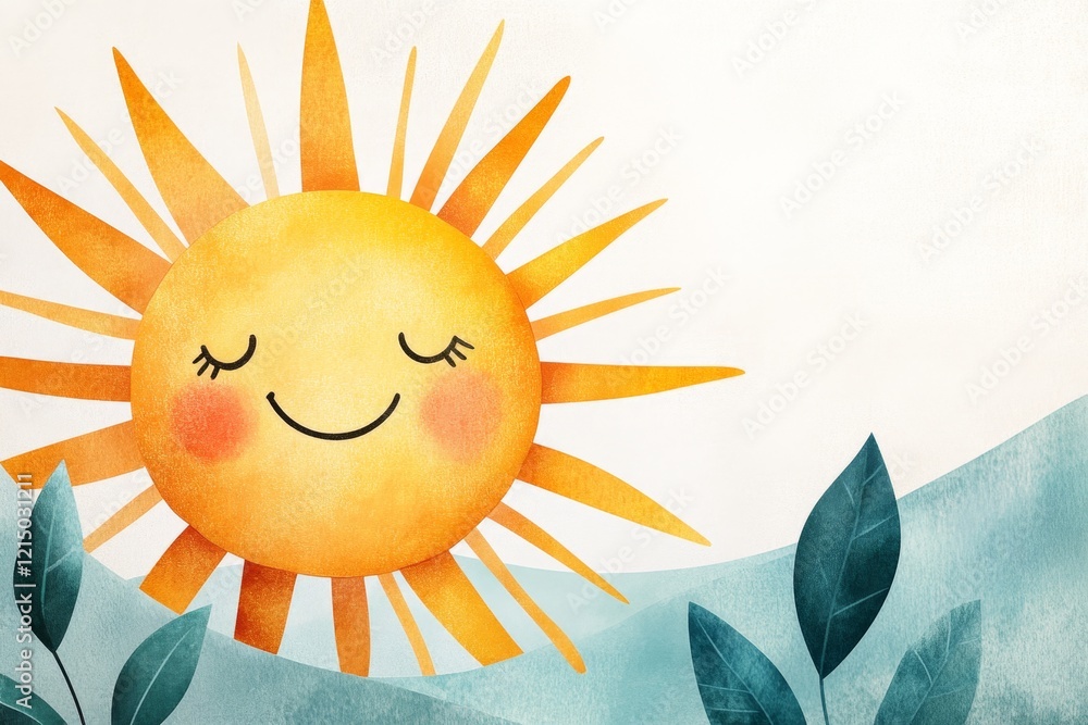 Poster a minimalist illustration of a smiling sun with rays extending in bold yellow lines on a plain white