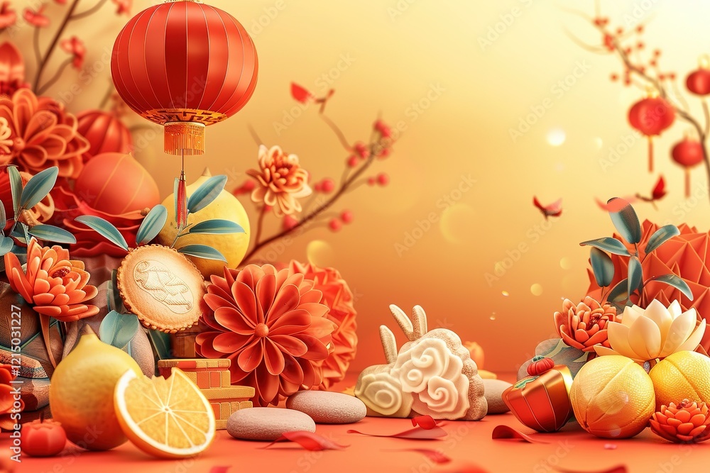 Fototapete hyper realistic detailed, and blank banner template with text , mid autumn festival , hyper smooth r