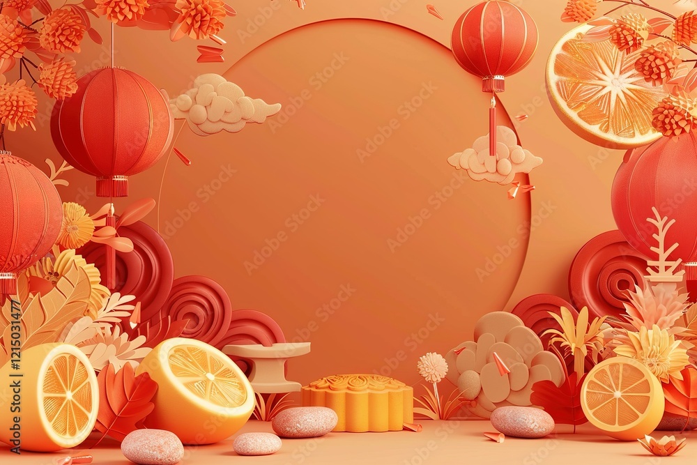 Fototapete hyper realistic detailed, and blank banner template with text , mid autumn festival , hyper smooth r