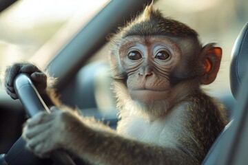 Small monkey holding the steering wheel of a car, looking focused, driving and traveling