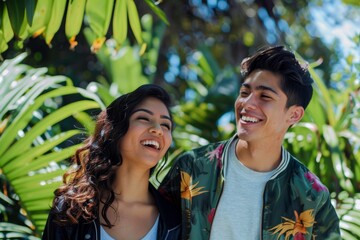 Portrait of a joyful latino couple in their 20s wearing a trendy bomber jacket on lush green garden