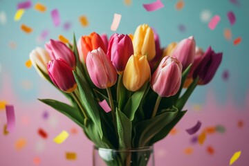 Fototapeta premium Vibrant tulips in a glass vase are surrounded by falling confetti, creating a cheerful and celebratory atmosphere