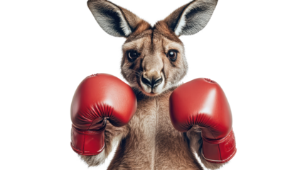 Ready to Rumble: Kangaroo Boxer: A powerful kangaroo, wearing bright red boxing gloves, stares intensely at the viewer, ready for a fight. The image is humorous and dynamic.