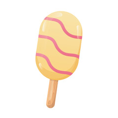 Ice cream in flat design. Cold dessert with white chocolate icing on stick. Vector illustration isolated.